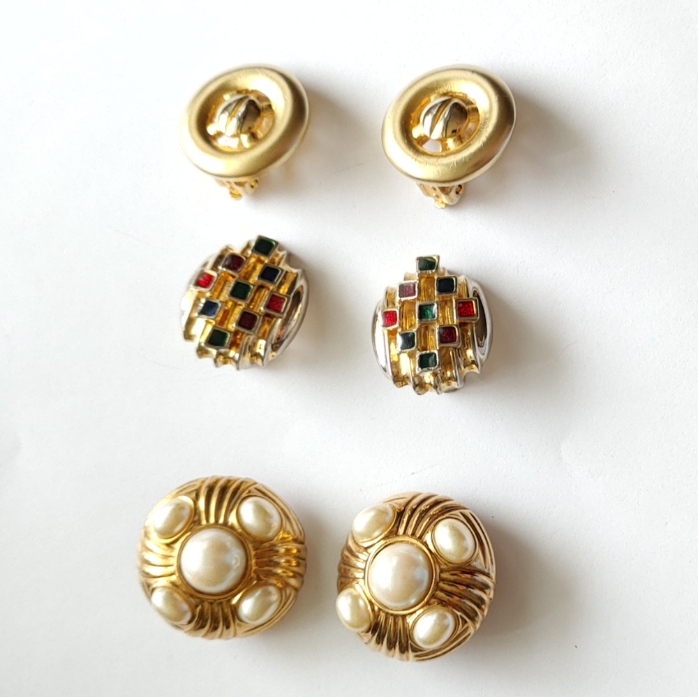 3 Pairs Vintage 80's Clip on Earings Gold Tone